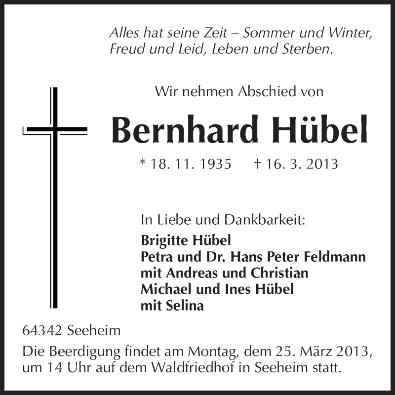  Traueranzeige für Bernhard Hübel vom 20.03.2013 aus Echo-Zeitungen (Gesamtausgabe)