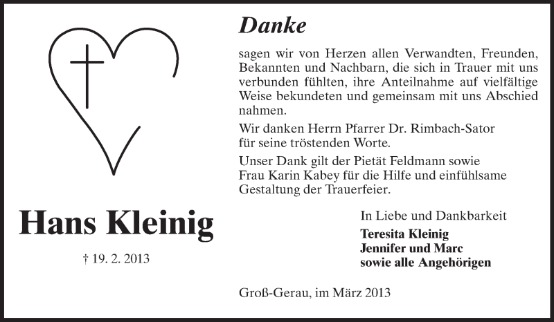  Traueranzeige für Hans Kleinig vom 20.03.2013 aus Rüsselsheimer Echo, Groß-Gerauer-Echo, Ried Echo