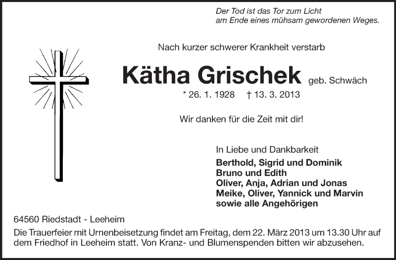  Traueranzeige für Kätha Grischek vom 20.03.2013 aus Rüsselsheimer Echo, Groß-Gerauer-Echo, Ried Echo