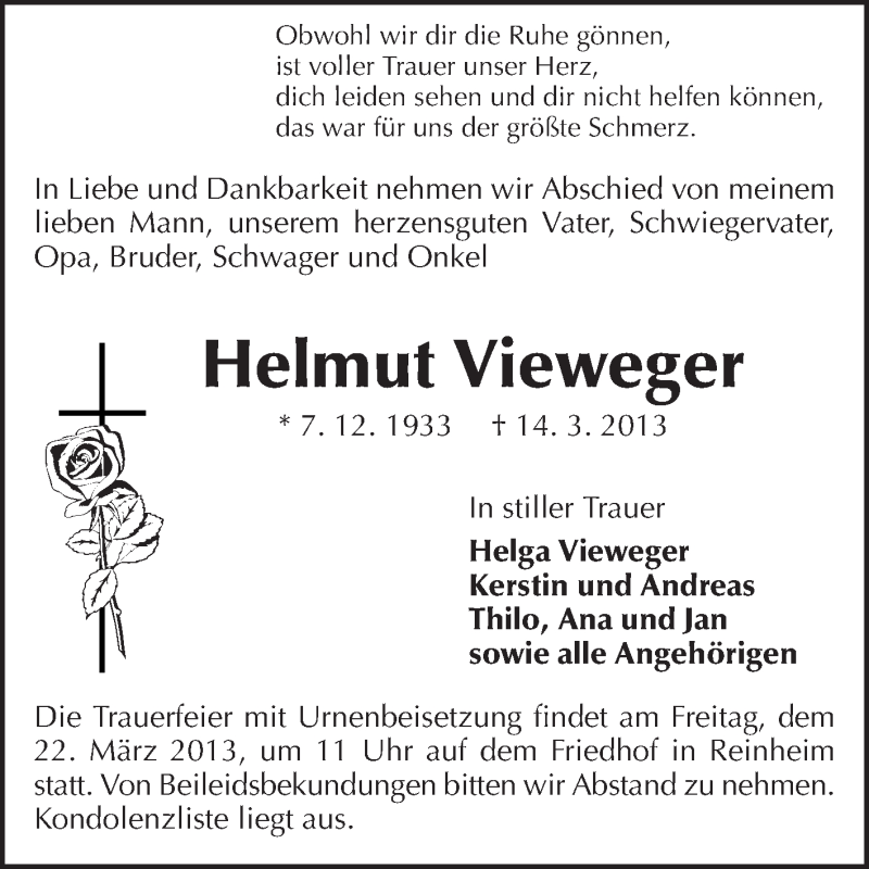  Traueranzeige für Helmut Vieweger vom 20.03.2013 aus Echo-Zeitungen (Gesamtausgabe)