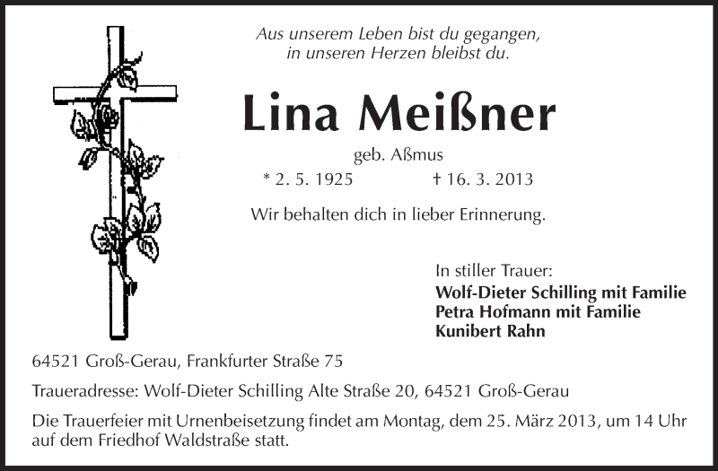  Traueranzeige für Lina Meißner vom 20.03.2013 aus Rüsselsheimer Echo, Groß-Gerauer-Echo, Ried Echo
