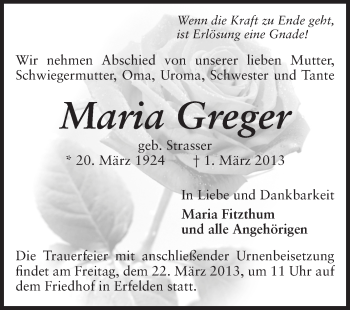 Traueranzeige von Maria Greger von Rüsselsheimer Echo, Groß-Gerauer-Echo, Ried Echo