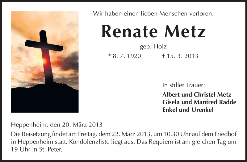  Traueranzeige für Renate Metz vom 20.03.2013 aus Starkenburger Echo