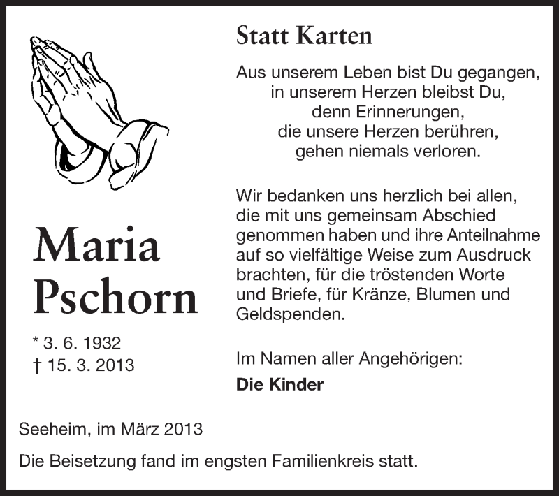  Traueranzeige für Maria Pschorn vom 30.03.2013 aus Echo-Zeitungen (Gesamtausgabe)