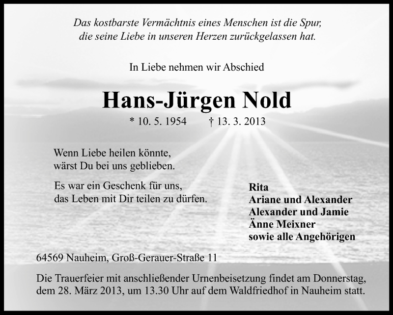  Traueranzeige für Hans-Jürgen Nold vom 20.03.2013 aus Rüsselsheimer Echo, Groß-Gerauer-Echo, Ried Echo