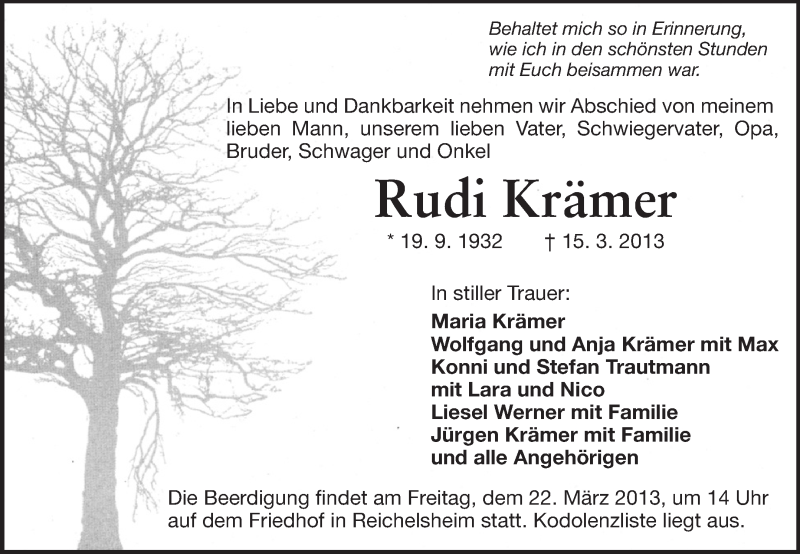  Traueranzeige für Rudi Krämer vom 20.03.2013 aus Odenwälder Echo