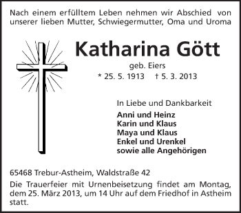 Traueranzeige von Katharina Gött von Rüsselsheimer Echo, Groß-Gerauer-Echo, Ried Echo