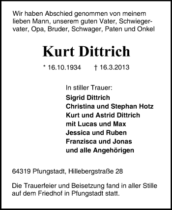 Traueranzeige von Kurt Dittrich von Echo-Zeitungen (Gesamtausgabe)