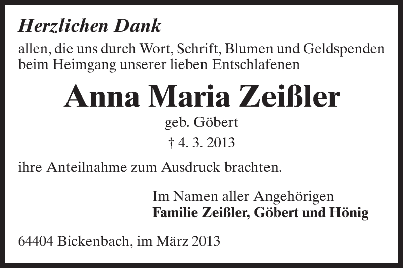  Traueranzeige für Anna Maria Zeißler vom 23.03.2013 aus Echo-Zeitungen (Gesamtausgabe)