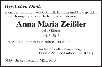 Traueranzeige von Anna Maria Zeißler von Echo-Zeitungen (Gesamtausgabe)