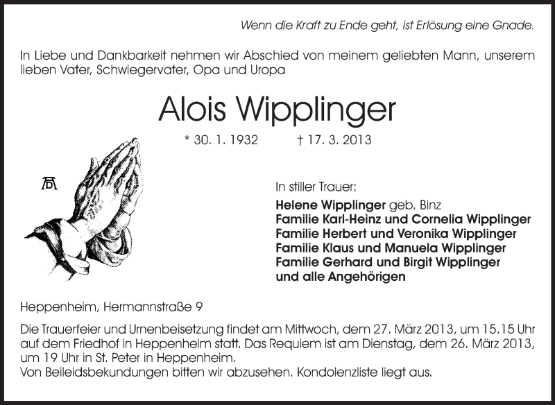  Traueranzeige für Alois Wipplinger vom 22.03.2013 aus Starkenburger Echo