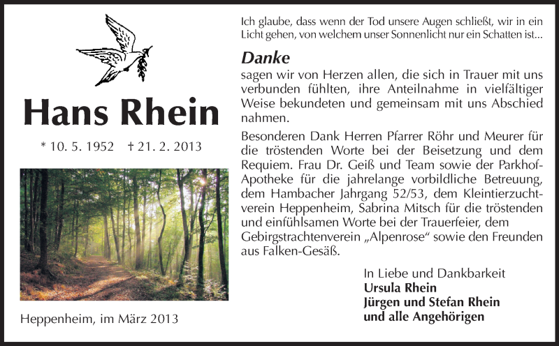  Traueranzeige für Hans Rhein vom 22.03.2013 aus Starkenburger Echo