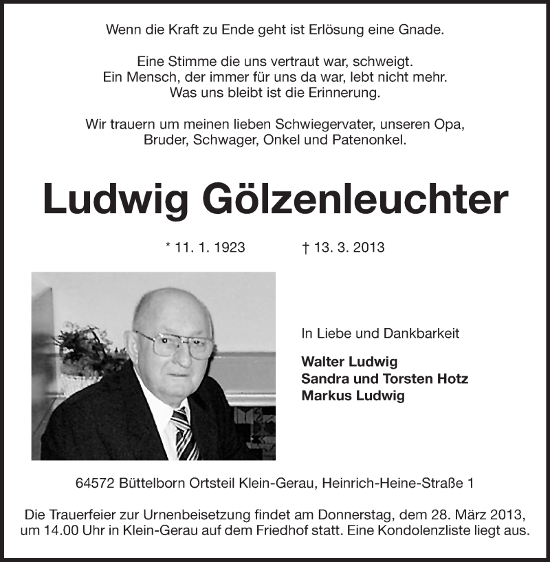  Traueranzeige für Ludwig Gölzenleuchter vom 23.03.2013 aus Rüsselsheimer Echo, Groß-Gerauer-Echo, Ried Echo