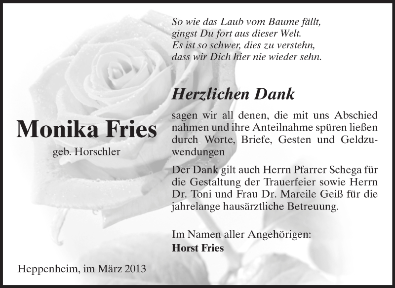  Traueranzeige für Monika Fries vom 22.03.2013 aus Starkenburger Echo