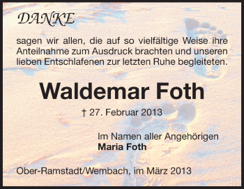 Traueranzeige von Waldemar Foth von Echo-Zeitungen (Gesamtausgabe)