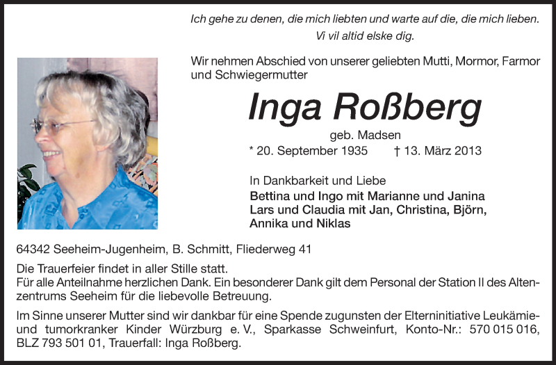  Traueranzeige für Inga Roßberg vom 23.03.2013 aus Echo-Zeitungen (Gesamtausgabe)