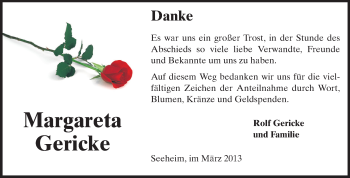 Traueranzeige von Margareta Gericke von Echo-Zeitungen (Gesamtausgabe)