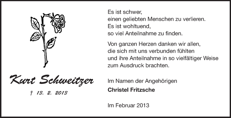  Traueranzeige für Kurt Schweitzer vom 23.03.2013 aus Echo-Zeitungen (Gesamtausgabe)