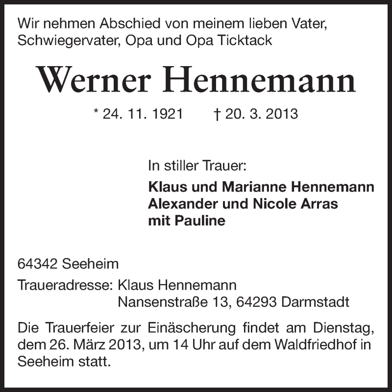  Traueranzeige für Werner Hennemann vom 23.03.2013 aus Echo-Zeitungen (Gesamtausgabe)