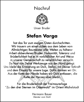 Traueranzeige von Stefan Varga von Odenwälder Echo