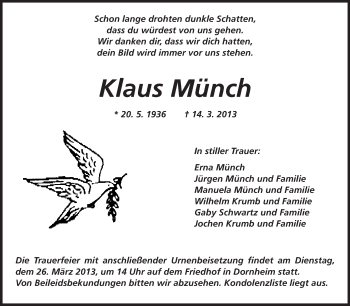 Traueranzeige von Klaus Münch von Rüsselsheimer Echo, Groß-Gerauer-Echo, Ried Echo