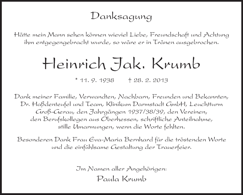  Traueranzeige für Heinrich Jak. Krumb vom 23.03.2013 aus Rüsselsheimer Echo, Groß-Gerauer-Echo, Ried Echo