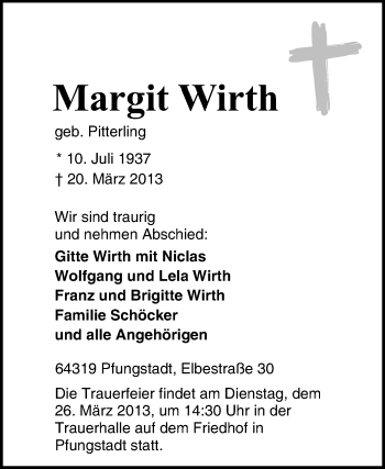 Traueranzeige von Margit Wirth von Echo-Zeitungen (Gesamtausgabe)