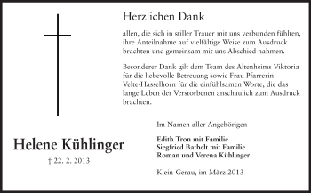 Traueranzeige von Helene Kühlinger von Rüsselsheimer Echo, Groß-Gerauer-Echo, Ried Echo