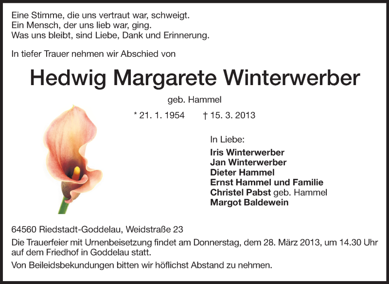  Traueranzeige für Hedwig Margarete Winterwerber vom 23.03.2013 aus Rüsselsheimer Echo, Groß-Gerauer-Echo, Ried Echo