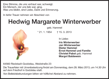 Traueranzeige von Hedwig Margarete Winterwerber von Rüsselsheimer Echo, Groß-Gerauer-Echo, Ried Echo