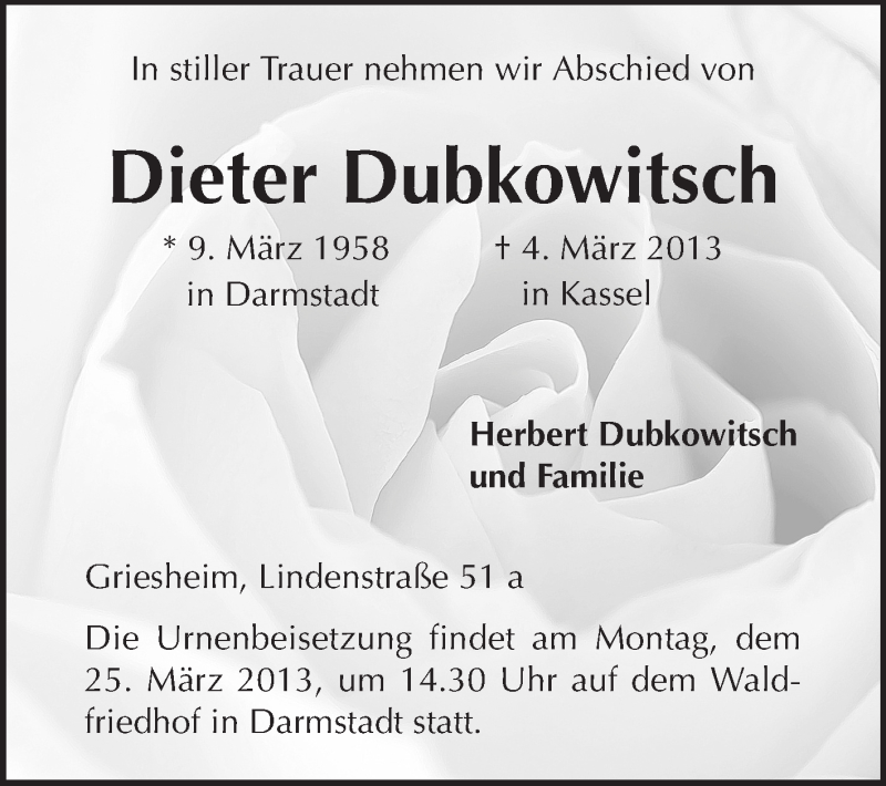  Traueranzeige für Dieter Dubkowitsch vom 23.03.2013 aus Echo-Zeitungen (Gesamtausgabe)