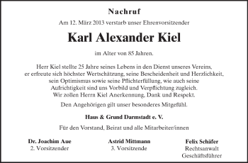 Traueranzeige von Karl Alexander Kiel von Echo-Zeitungen (Gesamtausgabe)