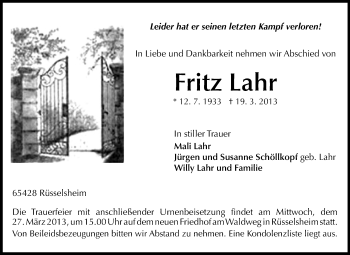 Traueranzeige von Fritz Lahr von Darmstädter Echo, Odenwälder Echo, Rüsselsheimer Echo, Groß-Gerauer-Echo, Ried Echo