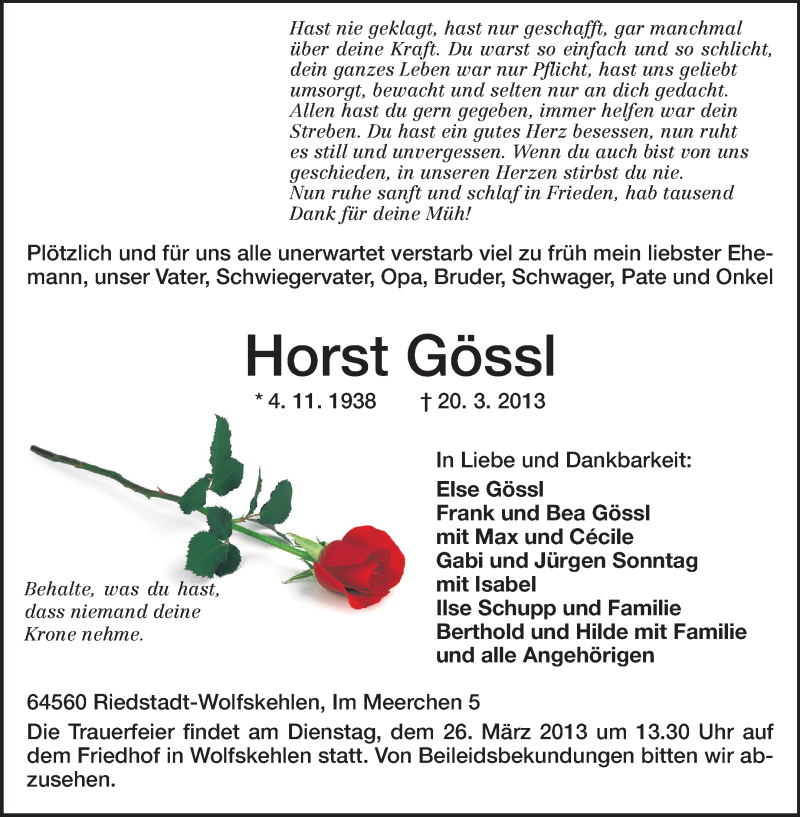  Traueranzeige für Horst Gössel vom 23.03.2013 aus Rüsselsheimer Echo, Groß-Gerauer-Echo, Ried Echo