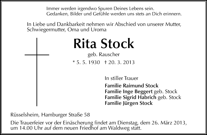  Traueranzeige für Rita Stock vom 23.03.2013 aus Rüsselsheimer Echo, Groß-Gerauer-Echo, Ried Echo