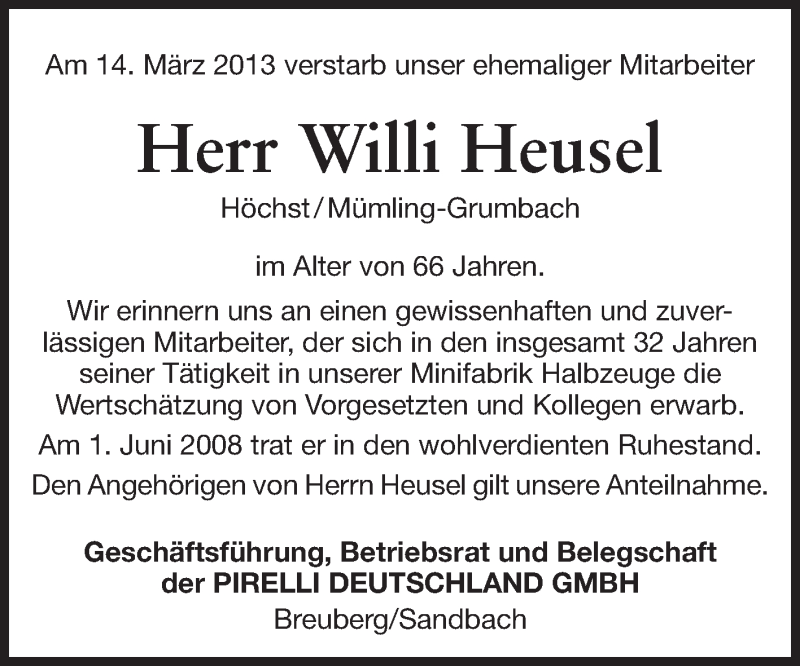  Traueranzeige für Willi Heusel vom 23.03.2013 aus Odenwälder Echo