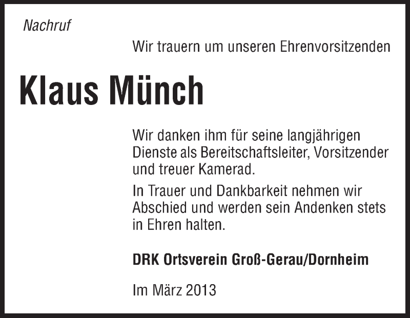  Traueranzeige für Klaus Münch vom 23.03.2013 aus Rüsselsheimer Echo, Groß-Gerauer-Echo, Ried Echo