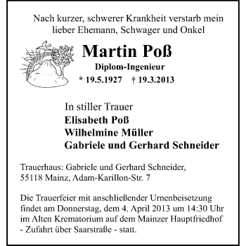 Traueranzeige von Martin Poß von Echo-Zeitungen (Gesamtausgabe)
