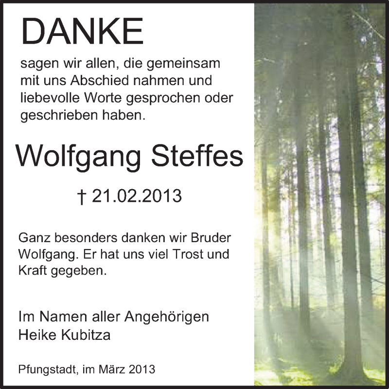 Traueranzeige für Wolfgang Steffes vom 23.03.2013 aus Echo-Zeitungen (Gesamtausgabe)