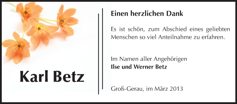  Traueranzeige für Karl Betz vom 23.03.2013 aus Rüsselsheimer Echo, Groß-Gerauer-Echo, Ried Echo