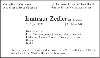 Traueranzeige von Irmtraut Zedler von Echo-Zeitungen (Gesamtausgabe)