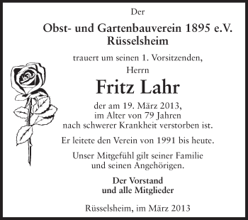 Traueranzeige von Fritz Lahr von Rüsselsheimer Echo, Groß-Gerauer-Echo, Ried Echo