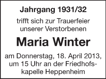 Traueranzeige von Maria Winter von Starkenburger Echo