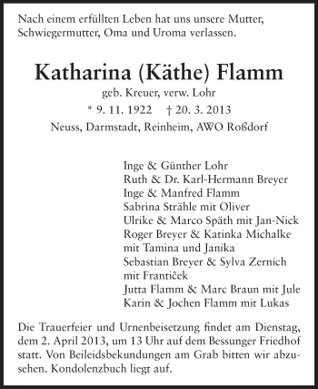 Traueranzeige von Katharina Flamm von Echo-Zeitungen (Gesamtausgabe)