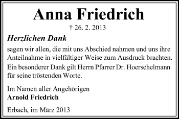 Traueranzeige von Anna Friedrich von Odenwälder Echo