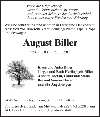 Traueranzeige von August Biller von Echo-Zeitungen (Gesamtausgabe)