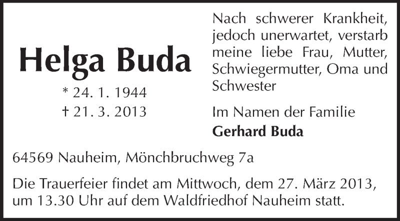  Traueranzeige für Helga Buda vom 23.03.2013 aus Rüsselsheimer Echo, Groß-Gerauer-Echo, Ried Echo