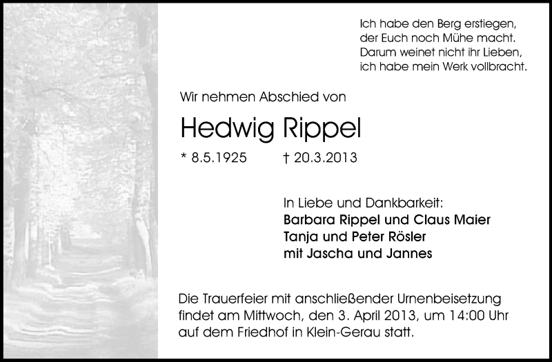  Traueranzeige für Hedwig Rippel vom 25.03.2013 aus Rüsselsheimer Echo, Groß-Gerauer-Echo, Ried Echo