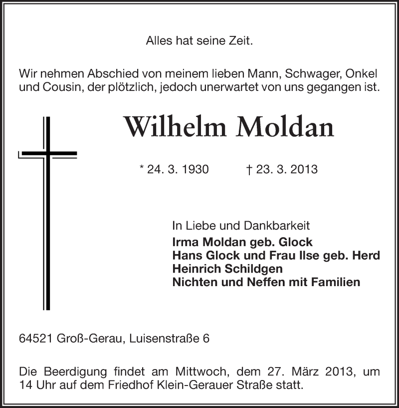  Traueranzeige für Wilhelm Moldan vom 25.03.2013 aus Rüsselsheimer Echo, Groß-Gerauer-Echo, Ried Echo
