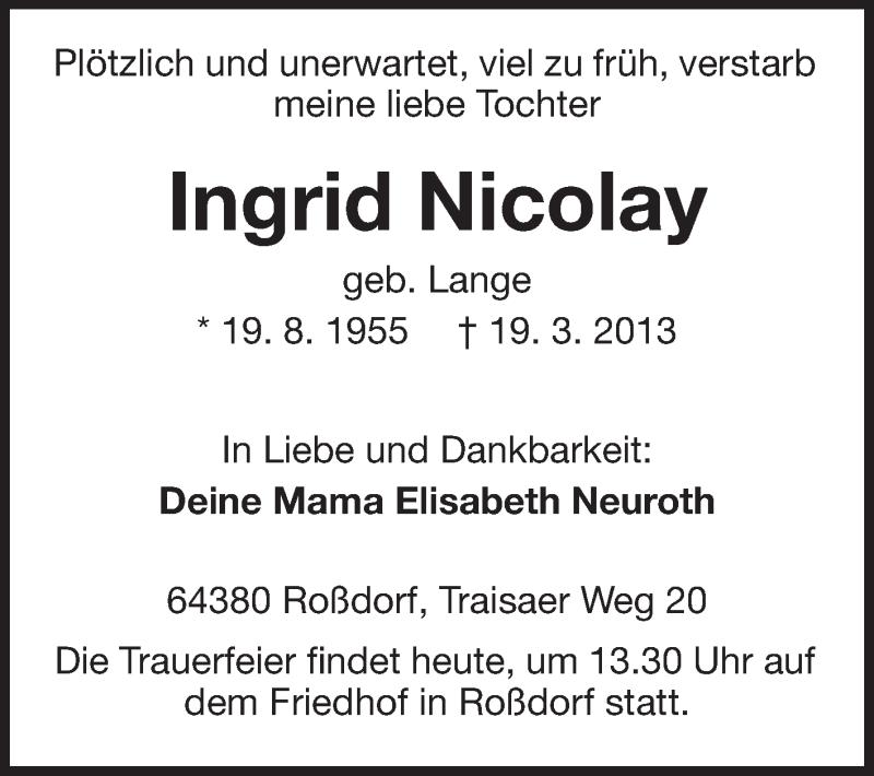  Traueranzeige für Ingrid Nicolay vom 25.03.2013 aus Echo-Zeitungen (Gesamtausgabe)